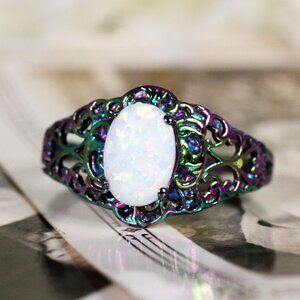 Rainbow Filigree Ring with Simulated Opal, Rainbow Plated Sterling Silver